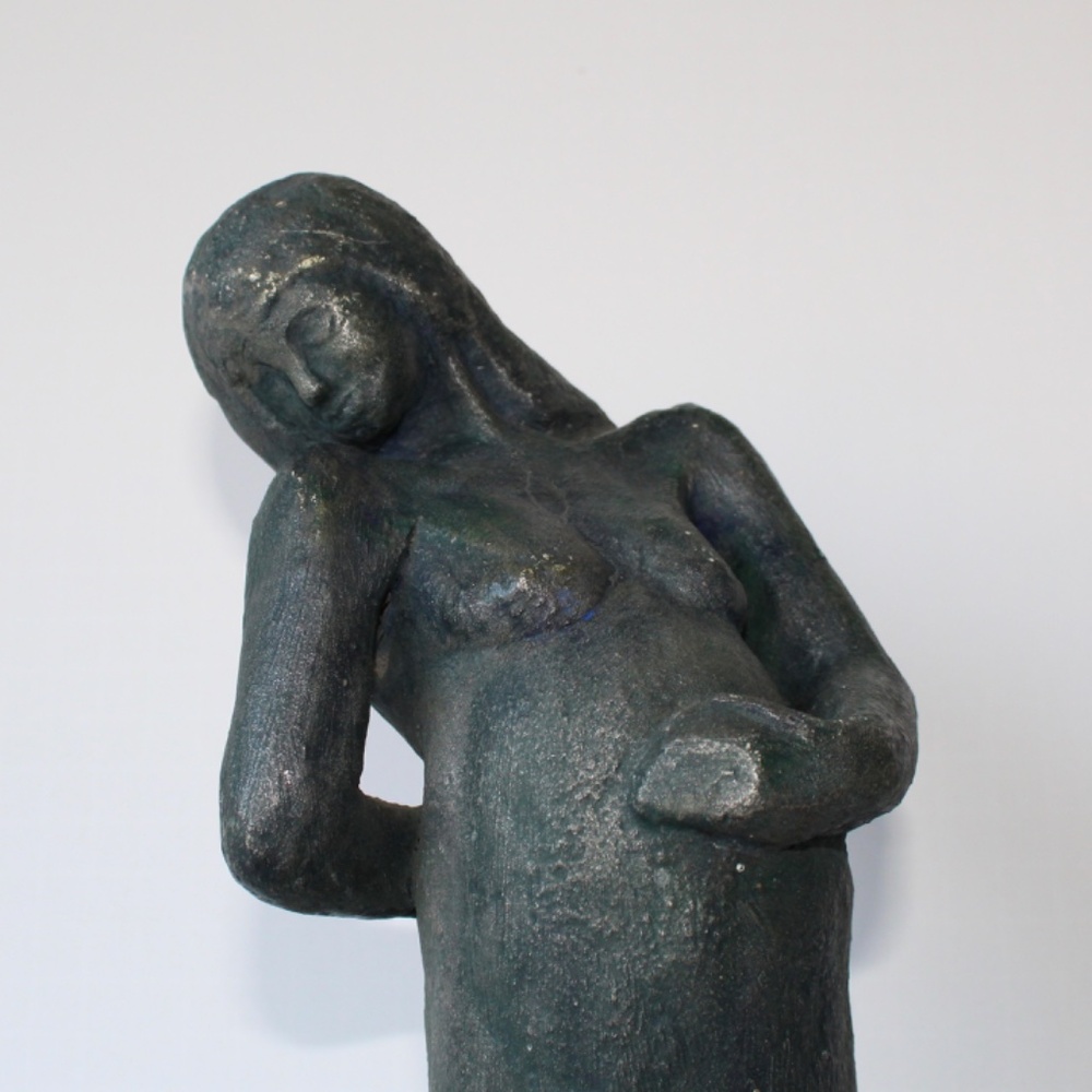 Sculpture of Pregnant Woman by Herman Wald  Mid Century Metallic Stoneware Clay